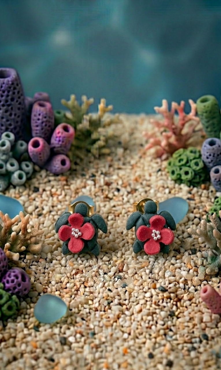 Crimson Bloom Turtle Studs | Sea Series