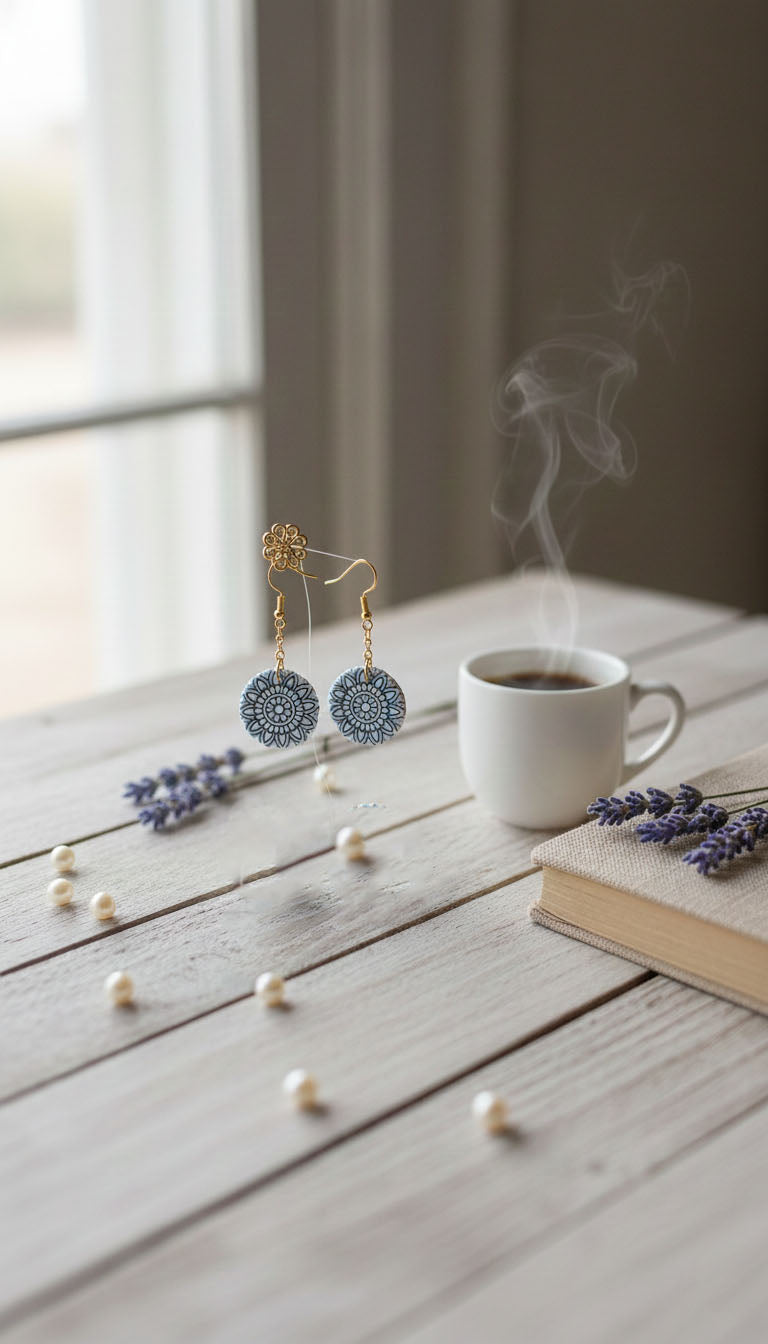 Blue Mandala Drop 1 Earrings | Everyday Special | Polymer Clay Earring