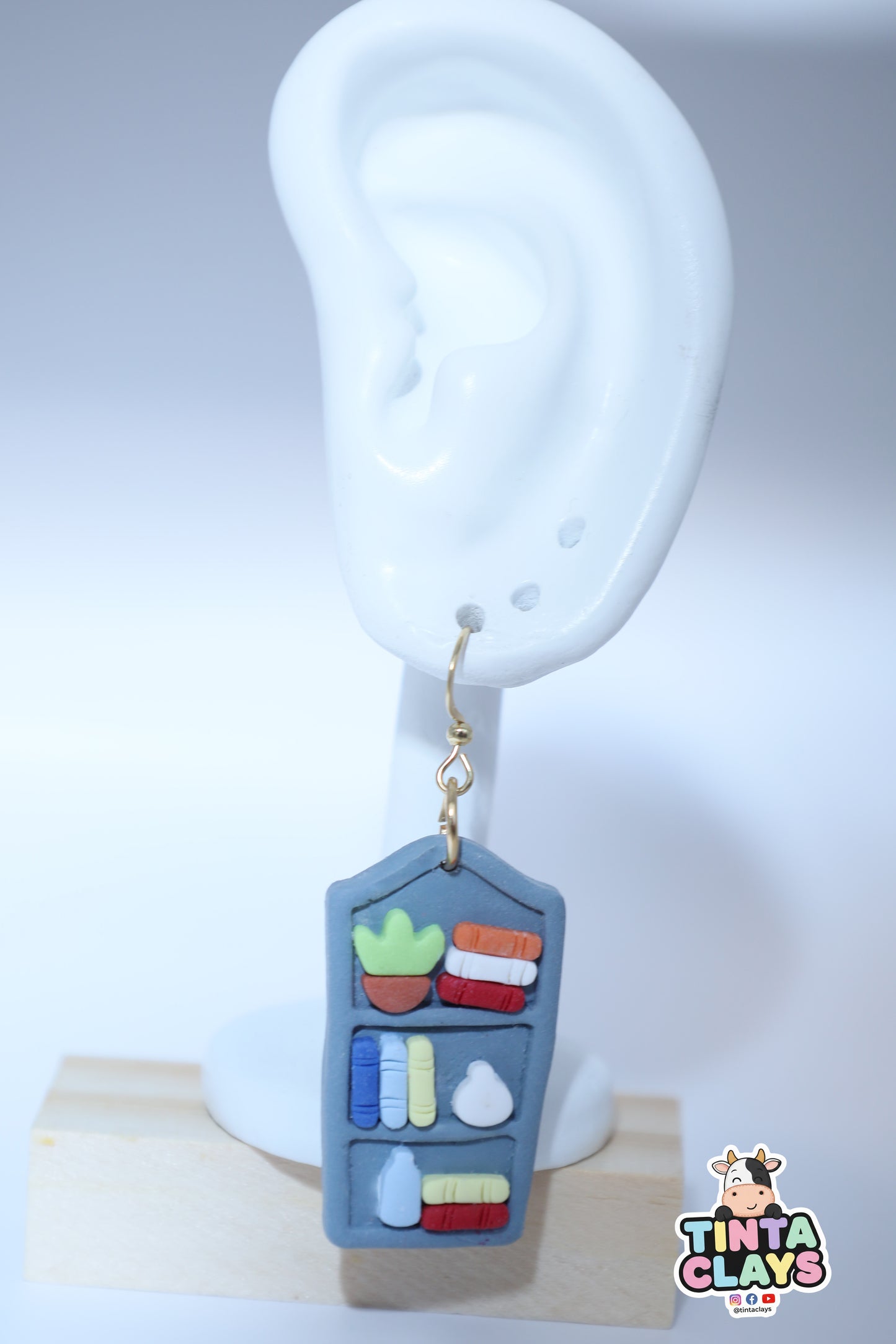Handmade Blue Bookshelf Earrings | Miniature Library Polymer Clay Earrings | Book Lover Jewelry