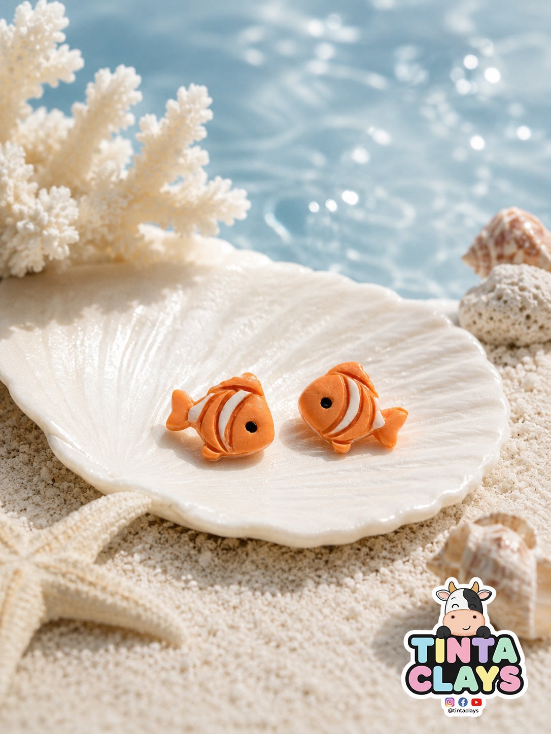 Clownfish Stud Earrings | Handmade Polymer Clay Animal - Earrings |Lightweight Jewelry | Sea Series
