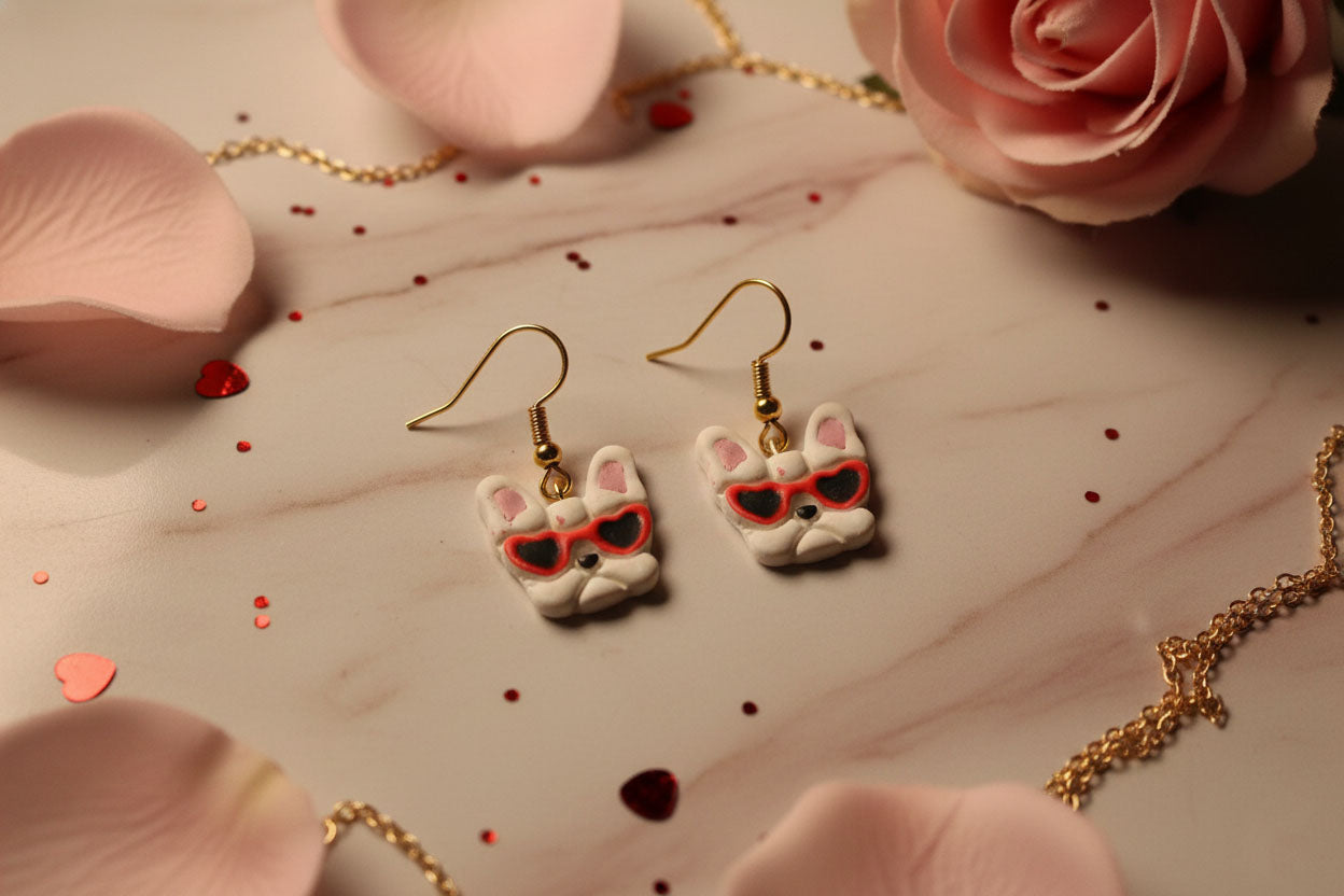 Cool Dog Dangle Earrings – Puppy with Heart Sunglasses