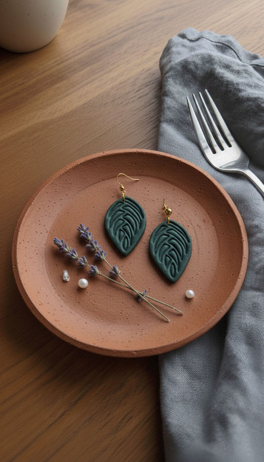 Deep Green Leaf Drop Earrings | Everyday Special | Polymer Clay Earring