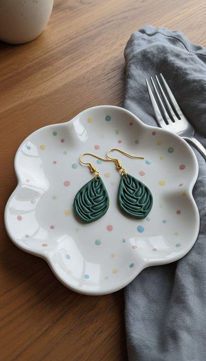 Deep Green Leaf Drop Earrings | Everyday Special | Polymer Clay Earring