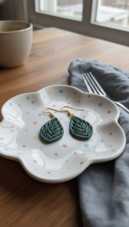 Deep Green Leaf Drop Earrings | Everyday Special | Polymer Clay Earring