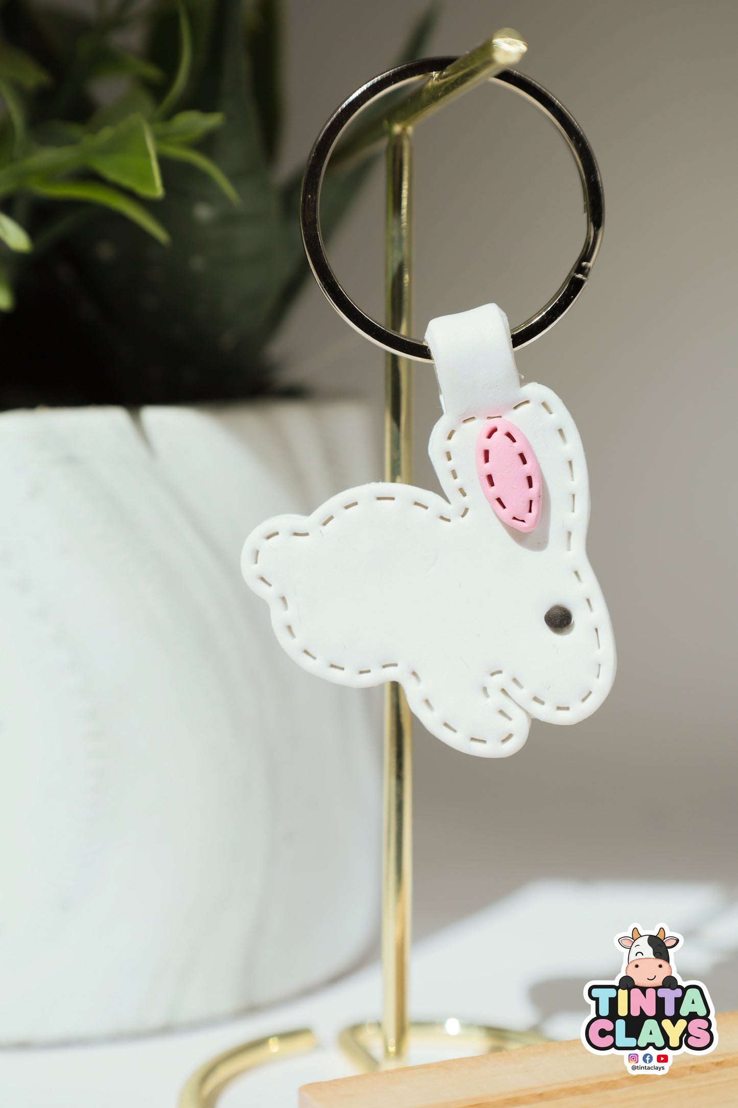 Hoppin’ Cute White & Grey Rabbit Polymer Clay Keychain | Handmade Bunny Bag Charm | Tinta Clays