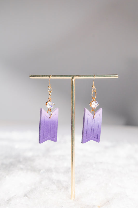 Purple Ombre BTS Inspired Logo Earrings | Crystal and Gold Dangle