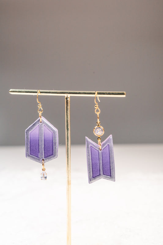 Purple Ombre BTS Army Inspired Logo Earrings | Crystal and Gold Dangle