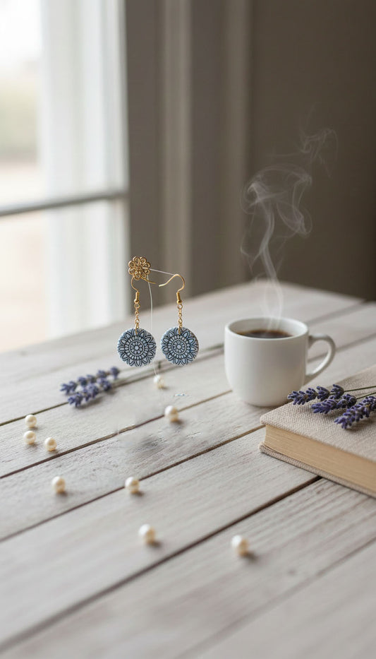 Blue Mandala Drop 1 Earrings | Everyday Special | Polymer Clay Earring