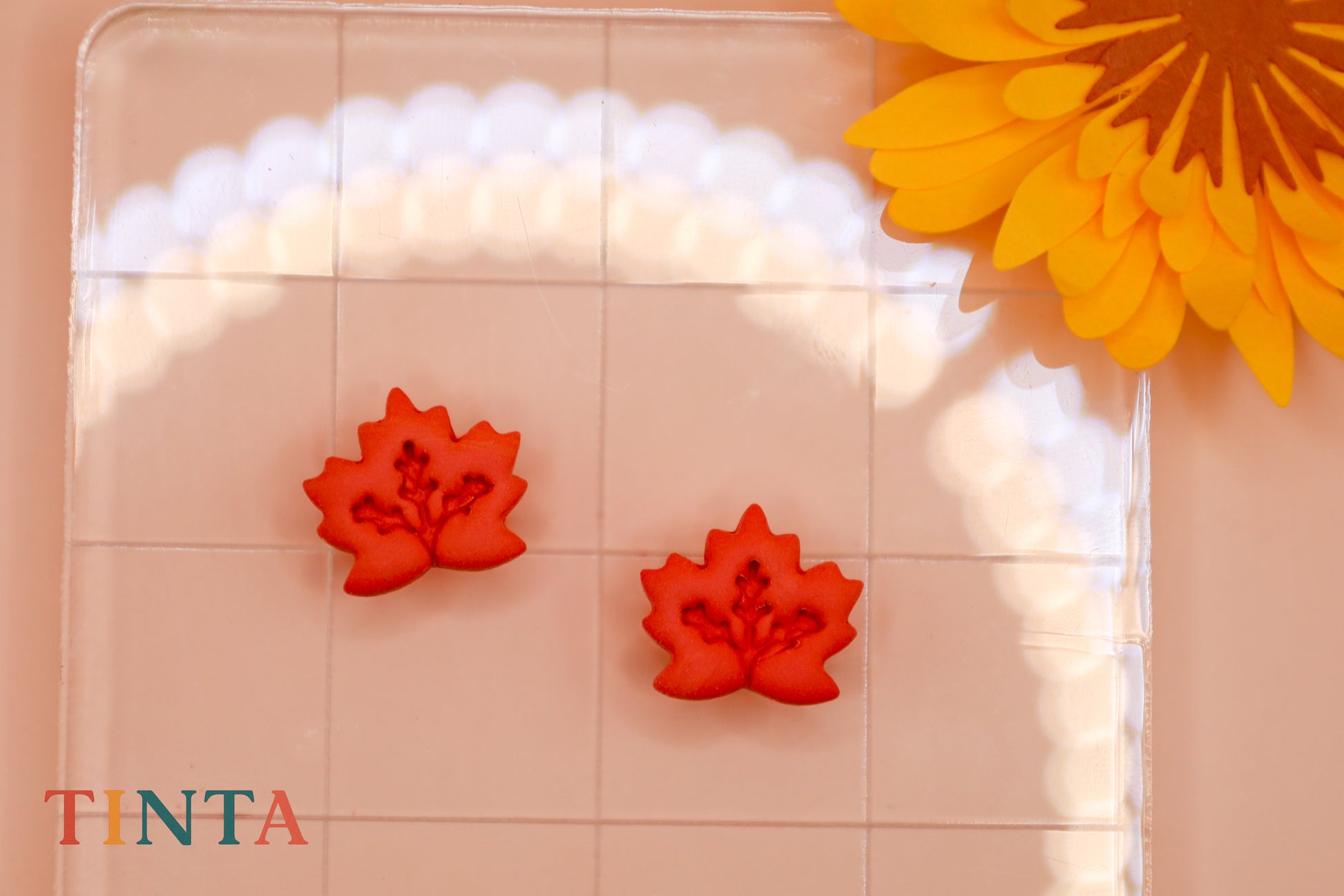 Red floral-shaped objects on a clear surface with a yellow flower in the corner, featuring the brand 'TINTA'.