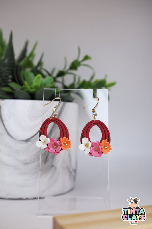 Handmade Crimson Floral Arch Earrings | Polymer Clay Flower Dangle Earrings | Elegant Statement Jewelry