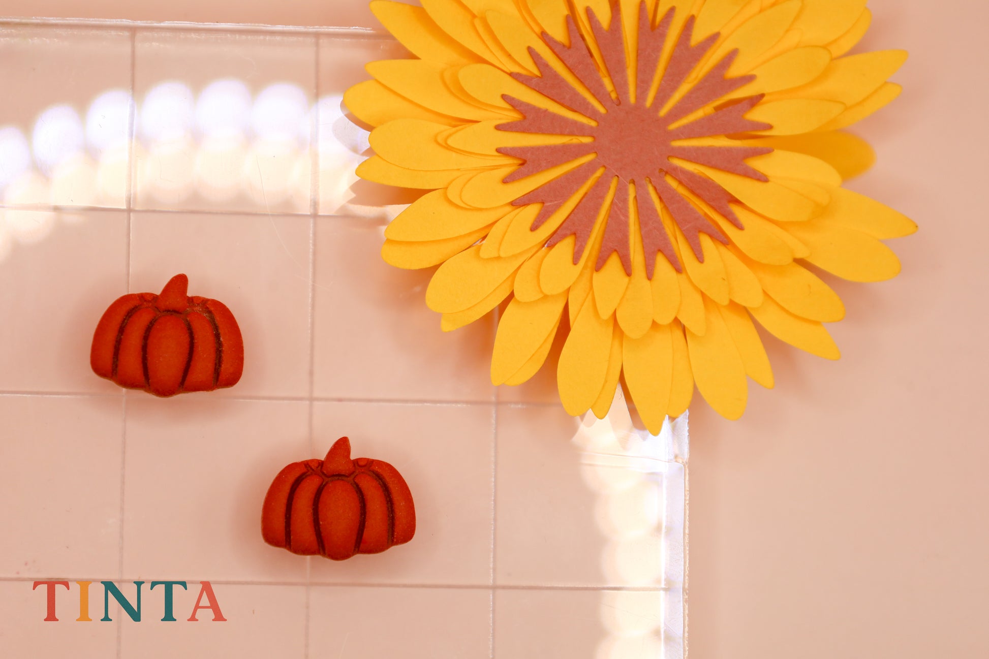 Decorative sunflower and pumpkins on a tiled wall with 'TINTA' branding.