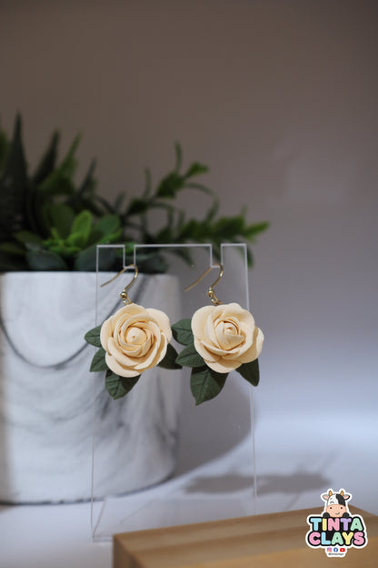 Handmade Beige Rose Earrings | Polymer Clay Floral Earrings