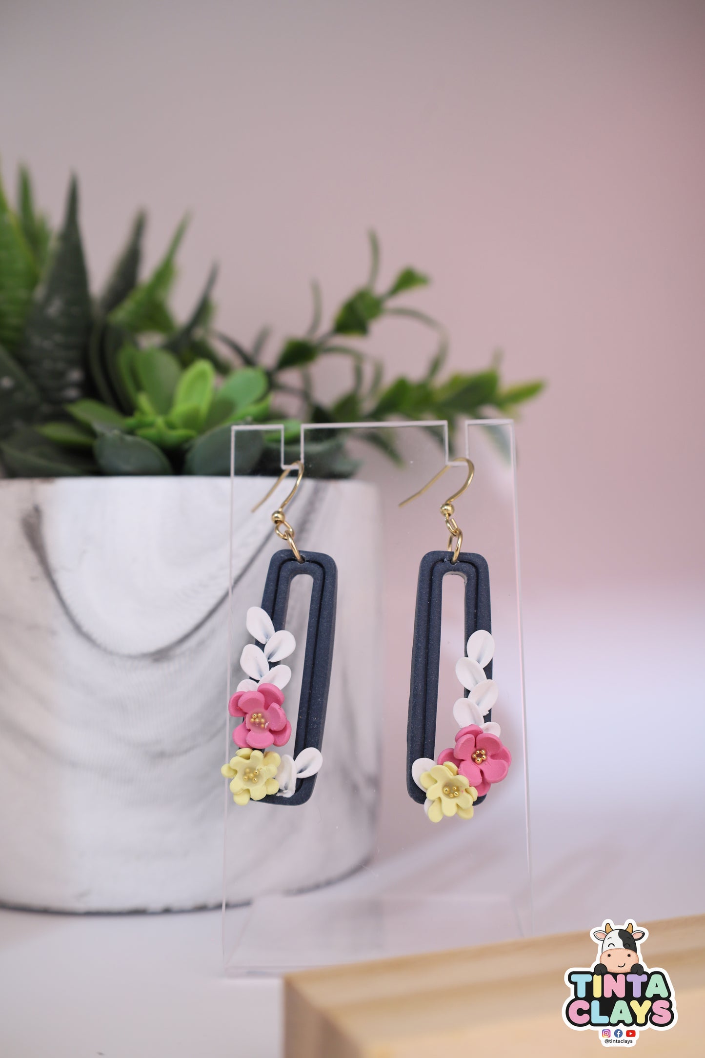 Handmade Midnight Floral Arch Earrings | Polymer Clay Flower Dangle Earrings | Elegant Botanical Jewelry