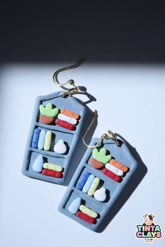 Handmade Blue Bookshelf Earrings | Miniature Library Polymer Clay Earrings | Book Lover Jewelry