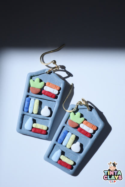 Handmade Blue Bookshelf Earrings | Miniature Library Polymer Clay Earrings | Book Lover Jewelry
