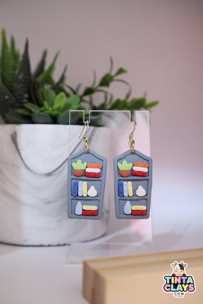 Handmade Blue Bookshelf Earrings | Miniature Library Polymer Clay Earrings | Book Lover Jewelry