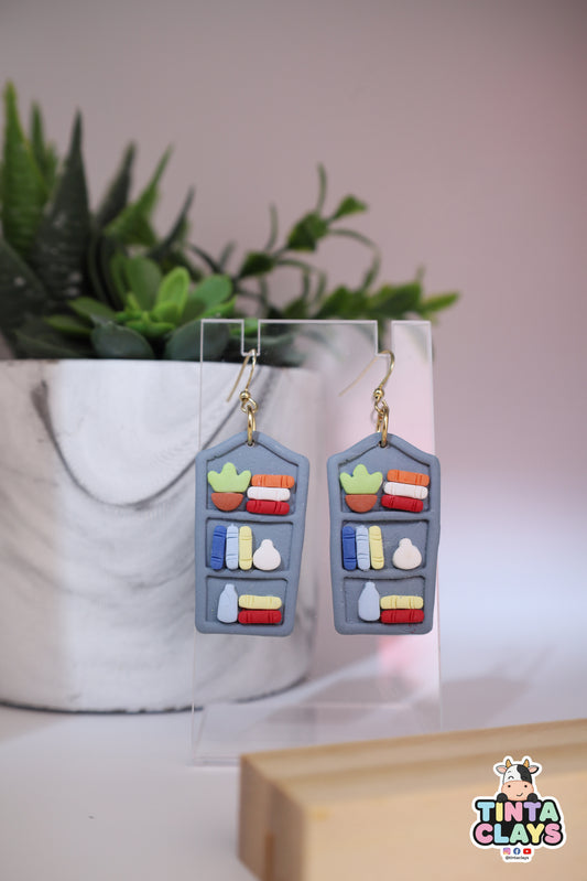 Handmade Blue Bookshelf Earrings | Miniature Library Polymer Clay Earrings | Book Lover Jewelry