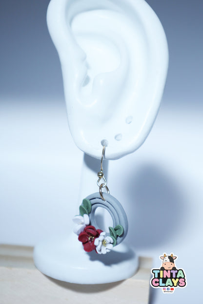 Handmade Grey Floral Hoop Earrings | Polymer Clay Flower Dangle Earrings | Elegant Botanical Jewelry