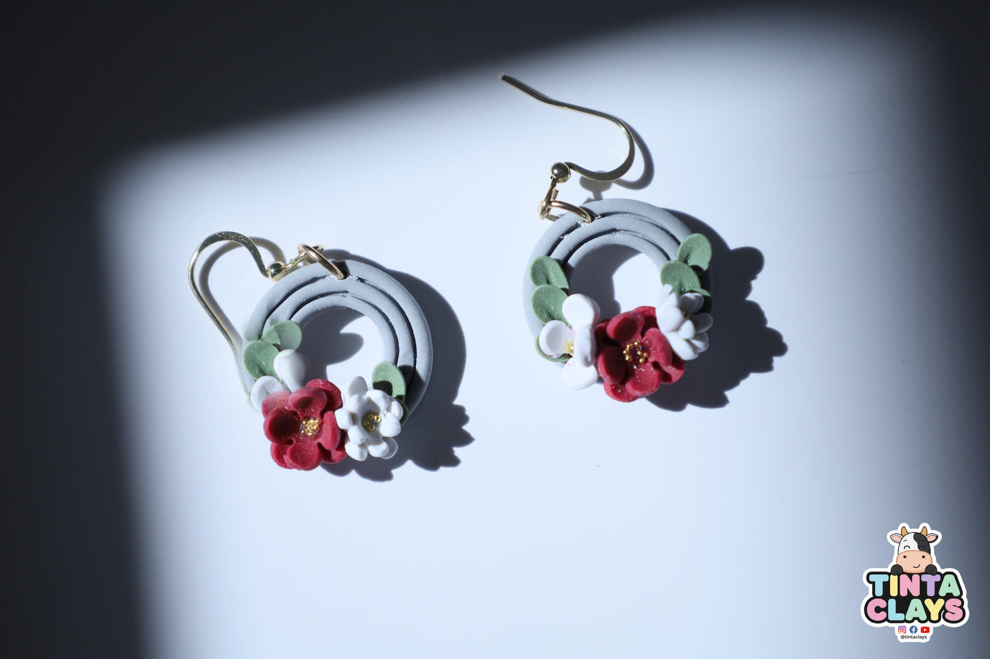 Handmade Grey Floral Hoop Earrings | Polymer Clay Flower Dangle Earrings | Elegant Botanical Jewelry