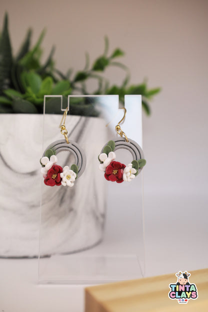 Handmade Grey Floral Hoop Earrings | Polymer Clay Flower Dangle Earrings | Elegant Botanical Jewelry